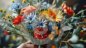 a person is holding a bouquet of colorful flowers in their hand