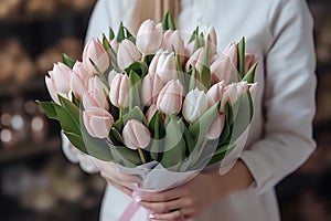 person holding a bouquet of pink tulips. hands of the woman, bride with a bouquet of tulips. close up. bouquet for Valentines