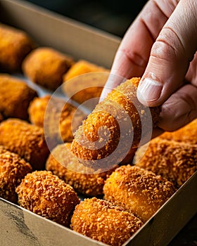 A person holding a box of fried chicken nuggets