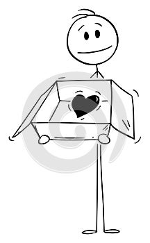 Person Holding Box and Giving Love or Heart as Gift, Vector Cartoon Stick Figure Illustration