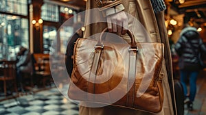 Person holding a brown leather handbag. photo