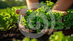 A person is holding a bunch of green lettuce in their hands. a farm where fresh iceberg lettuce is being harvested.