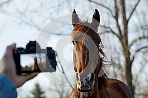 person holding camera at eye level as horse canters directly at them