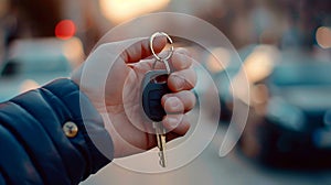 Person holding car keys with vehicles in background, buying new car concept