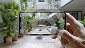 A person holding a cell phone in front of an indoor living room, AI