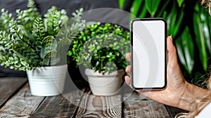 A person holding a cell phone in front of a potted plant