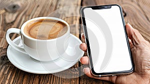 A person holding a cell phone next to a white coffee cup