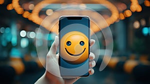 A person holding a cell phone with a smiley face on it