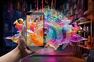 A person holding a cell phone in their hand, ready to use, Augmented reality displayed in a colorful explosion of pixels and light