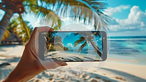 A person holding a cell phone up to take pictures of the beach, AI