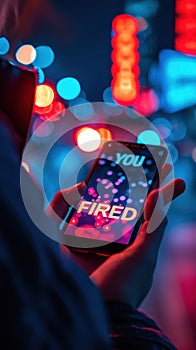 A person holding a cell phone with the words you fired on it, AI