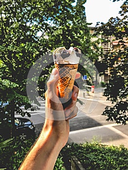 A person holding a chocolate and vanilla flavored ice-cream cone with green trees in the background