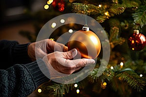 A person holding a christmas ornament in front of a christmas tree created with generative AI technology