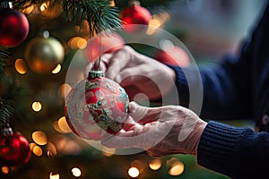 A person holding a christmas ornament in front of a christmas tree created with generative AI technology
