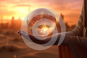 A person holding a crystal ball in their hand. Generative AI image.