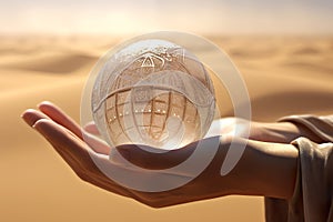 A person holding a crystal ball in their hand. Generative AI image.