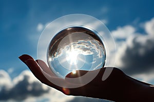 A person holding a crystal ball in their hand. Generative AI image.