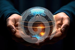 A person holding a crystal ball in their hands. Generative AI image.