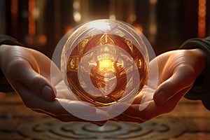 A person holding a crystal ball in their hands. Generative AI image.