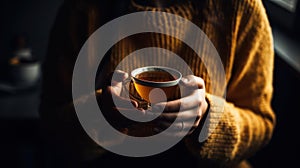 A person holding a cup of tea focusing on each sip mindfully created with Generative AI