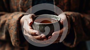 A person holding a cup of tea focusing on each sip mindfully created with Generative AI