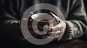 A person holding a cup of tea focusing on each sip mindfully created with Generative AI