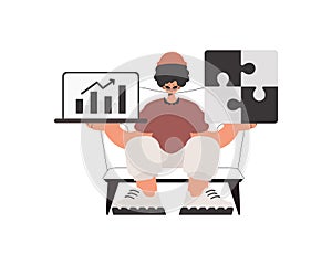 The person is holding a daze and a positivegrade chart. Thought bunch work. Obliged. Trendy style, Vector Illustration