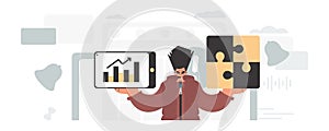 The person is holding a daze and a positivegrade chart. Thought collect work. Trendy style, Vector Illustration