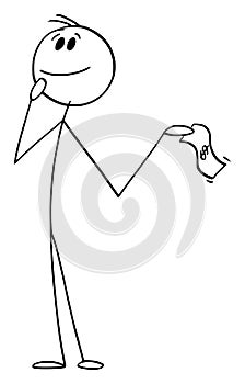 Person Holding Dollar Currency Bill Thinking How to Invest the Money, Vector Cartoon Stick Figure Illustration