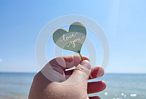 Person holding fingers hand stick shape heart and words Love you on background