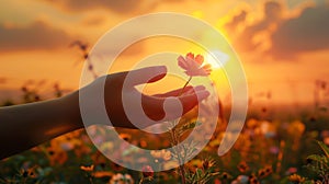A person holding a flower in their hand at sunset, AI