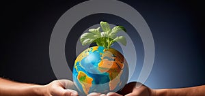 Person holding globe with plant growing, symbolic of Earth as living organism