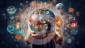 A person holding a globe while surrounded by symbols of various disciplines, depicting the breadth and depth of human knowledge