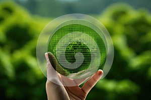 A person holding a green circular object. This versatile image can be used in various contexts photo