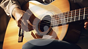 Person Holding Guitar in Hands, Musician Playing Stringed Instrument, Close-Up Shot