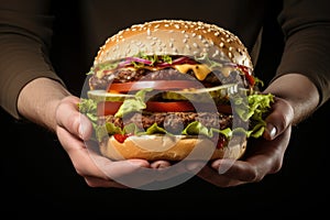 A Person Holding A Hamburger In Their Hands