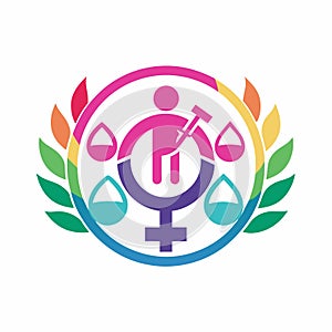 A person holding a hammer and scales within a circle symbolizing justice and equality, Develop a minimalist emblem for an NGO