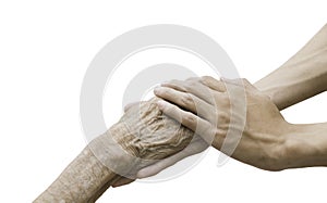 A person holding a hand An old woman isolated on white background with clipping path