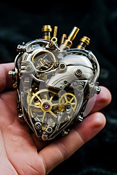 Person holding heart shaped mechanical object in their hand with clock inside of it. Generative AI