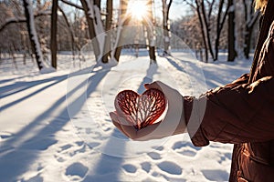 A person holding a heart shaped object in the snow created with generative AI technology