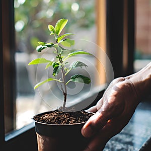 Person holding a houseplant in a flowerpot by the window