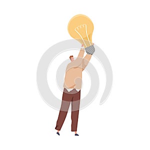 Person holding huge lightbulb as symbol of creative idea. Businessman and light bulb. Concept of creativity, insights