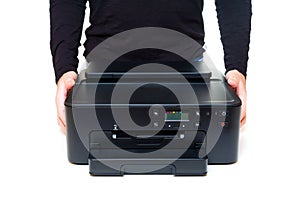 Person Holding Inkjet Printer with Both Hands on White