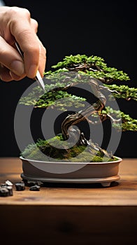 A person is holding a knife and cutting into the bonsai tree, AI