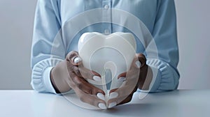 Woman Holding Ceramic Tooth Model.AI generated image