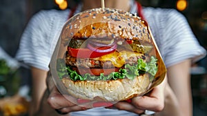 A person holding a large hamburger with cheese, onions and tomatoes, AI