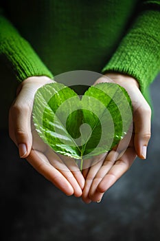 Person holding leaf in their hands with heart shaped green leaf. Generative AI