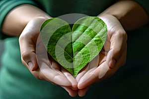 Person holding leaf in their hands with heart shaped green leaf. Generative AI