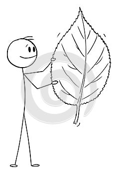Person Holding Leaf, Vector Cartoon Stick Figure Illustration