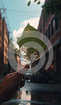 A person holding a leaf with water droplets on it. Generative AI image.